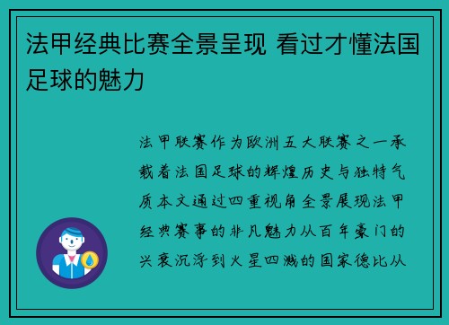 法甲经典比赛全景呈现 看过才懂法国足球的魅力